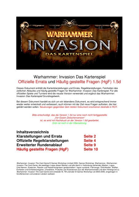 Warhammer: Invasion Das Kartenspiel Offizielle Errata und Häufig ...