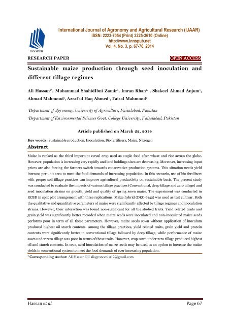 Sustainable maize production through seed inoculation and different tillage regimes