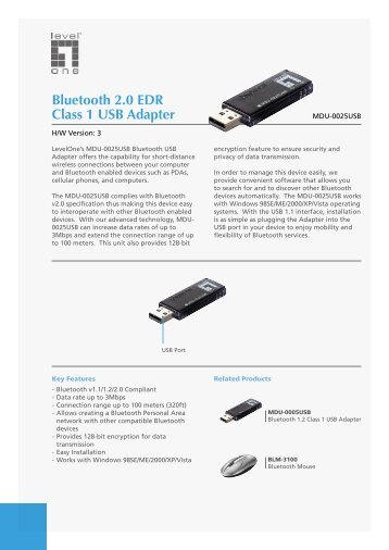 Bluetooth 2.0 EDR Class 1 USB Adapter - Levelone