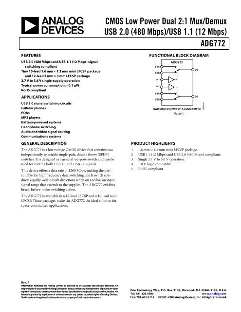 ADG772 CMOS Low Power Dual 2:1 Mux/Demux USB 2.0 (480 ...