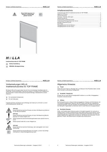 Vorbemerkungen HELLA Insektenschutzrollos für TOP FRAME ...
