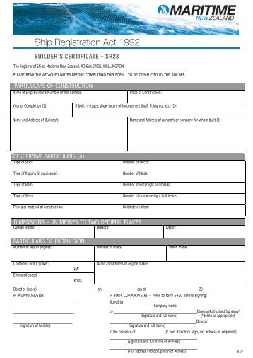 Builder's Certificate (form SR23) - Maritime New Zealand