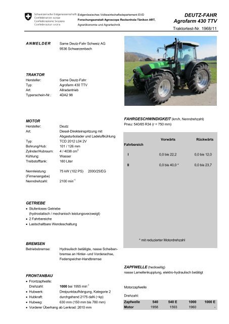 DEUTZ-FAHR Agrofarm 430 TTV - Agroscope