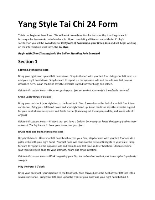 Yang Style Tai Chi 24 Form - The White Oak Martial Arts Center