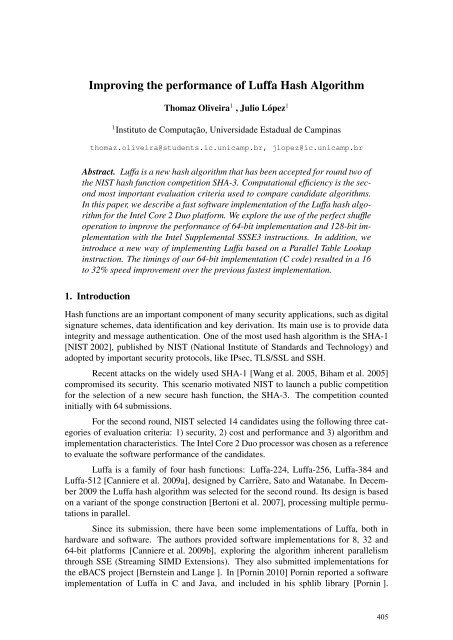 Improving the performance of Luffa Hash Algorithm - UFMG