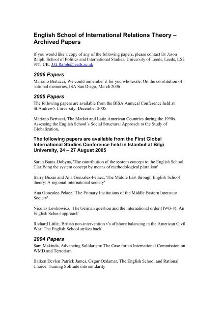 English School of International Relations Theory â Archived Papers