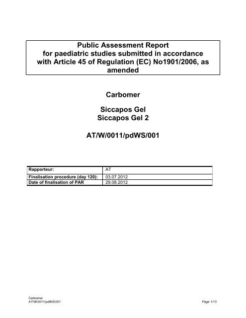 Public Assessment Report for paediatric studies submitted in ...