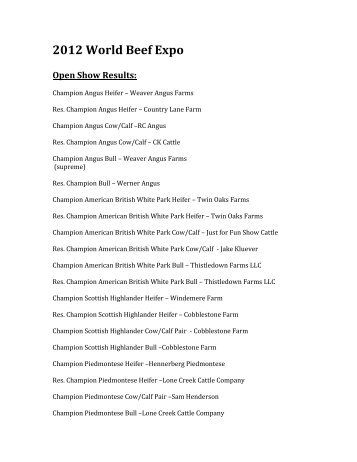 2012 open show RESULTS - the World Beef Expo