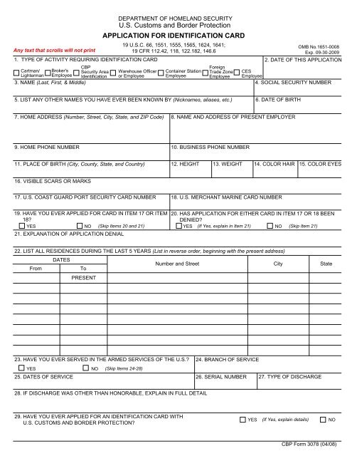 CBP Application for Identification Card