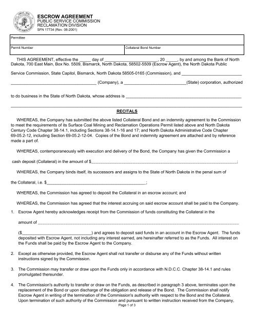 Escrow Agreement North Dakota Public Service Commission