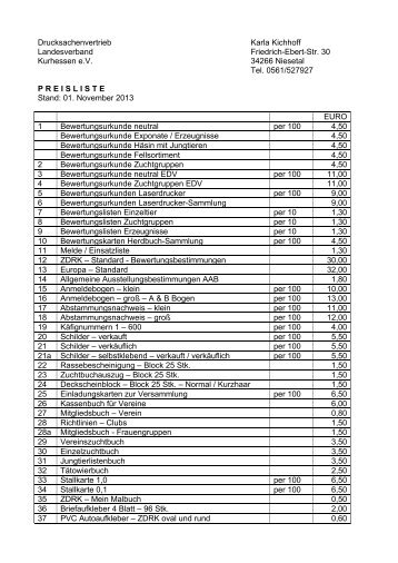 Preisliste - Landesverband der Kaninchenzüchter Kurhessen eV