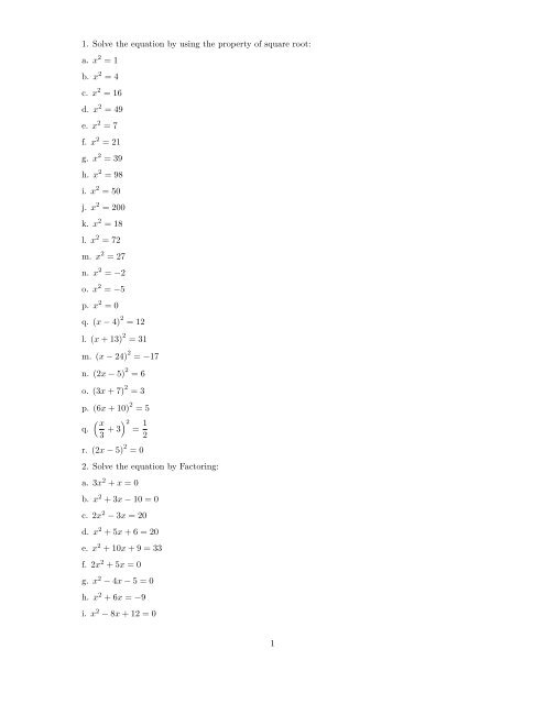 1 Solve The Equation By Using The Property Of Square Root A X2 1