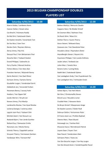 2013 BELGIAN CHAMPIONSHIP DOUBLES PLAYERS LIST - VSF