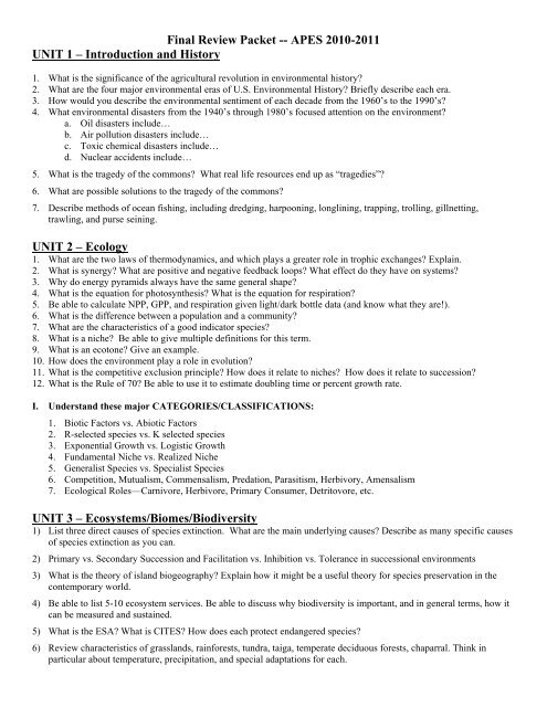 Final Review Packet -- APES 2010-2011 UNIT 1 - Raleigh Charter ...