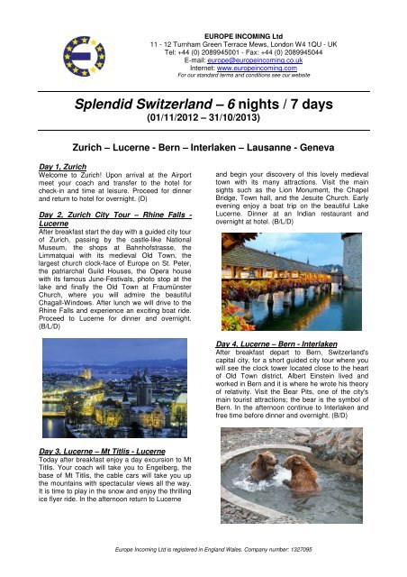 Splendid Switzerland â€“ 6 nights / 7 days - Europe Incoming