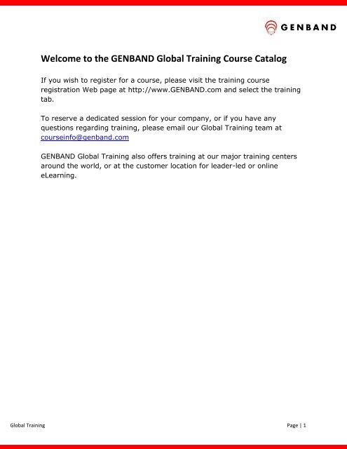 Welcome to the GENBAND Global Training Course Catalog
