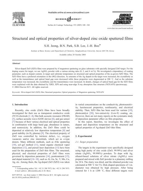 Structural and optical properties of silver-doped zinc oxide sputtered ...