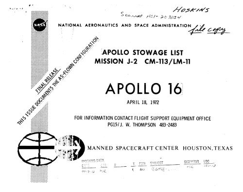 Apollo 16 Stowage Lists