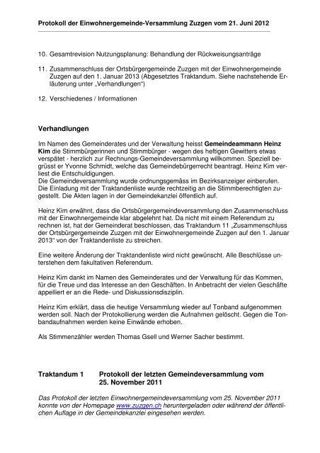 Protokoll der Einwohnergemeinde-Versammlung Zuzgen