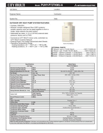 Model: PUHY-P72TKMU-A - Mitsubishi Electric Sales Canada Inc.