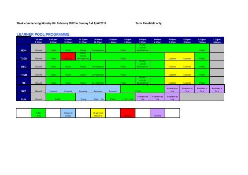 Learner Pool Timetable - Abbey Stadium