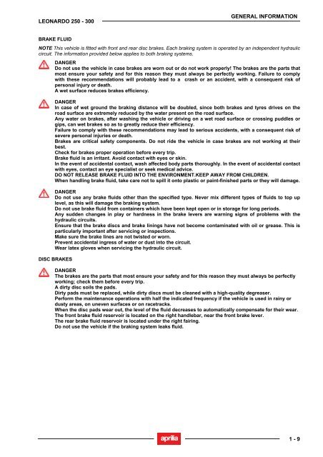 Leonardo 250-300 Repair Manual 2004 - Wheels Academy