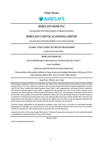 Final Terms BARCLAYS BANK PLC BARCLAYS CAPITAL (CAYMAN)