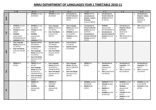 MMU DEPARTMENT OF LANGUAGES YEAR 1 TIMETABLE 2010-11