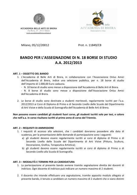 bando per n 18 borse di studio 2012-2013 - Accademia di Brera