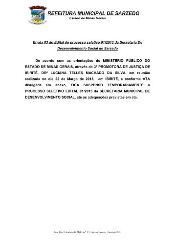 Errata 03 - 01/2013 - Prefeitura Municipal de Sarzedo