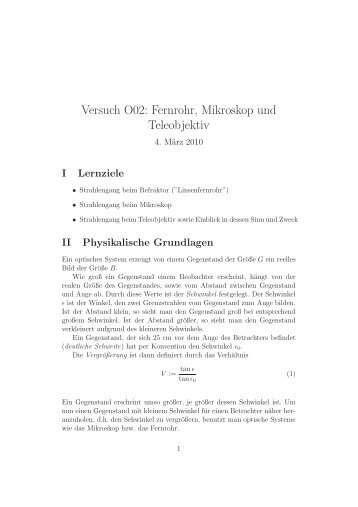 Versuch O02: Fernrohr, Mikroskop und Teleobjektiv