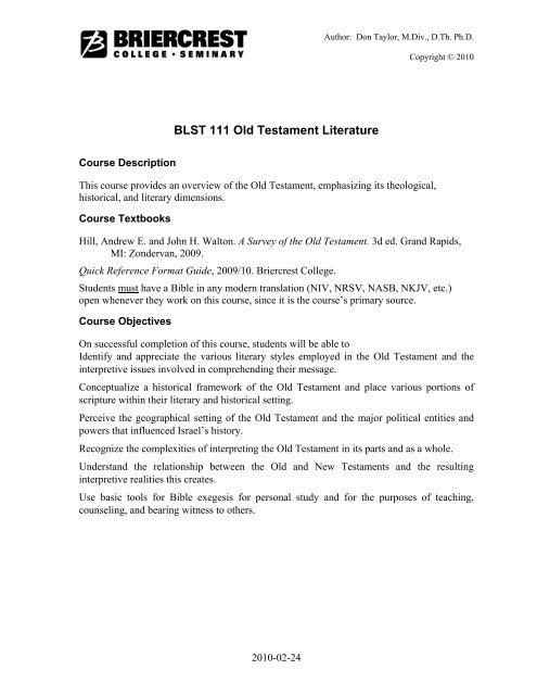 BLST 111 Old Testament Literature - Briercrest College and Seminary