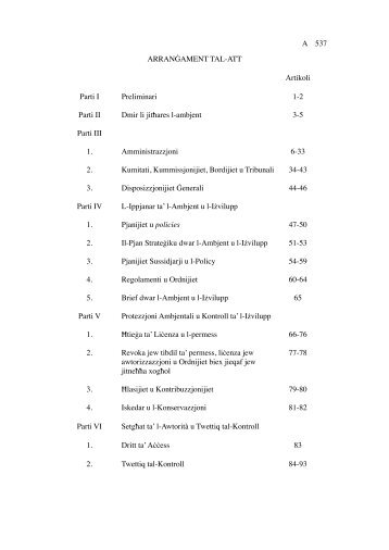 A 537 ARRANÄ AMENT TAL-ATT Artikoli Parti I Preliminari 1 ... - MEPA