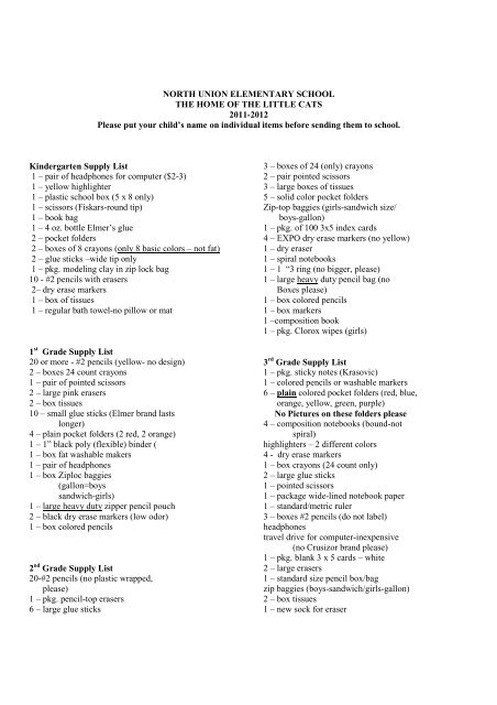 Elementary School Supply List - North Union Local Schools