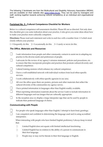 cultural competence checklists for workers & agencies