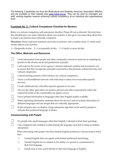 cultural competence checklists for workers & agencies