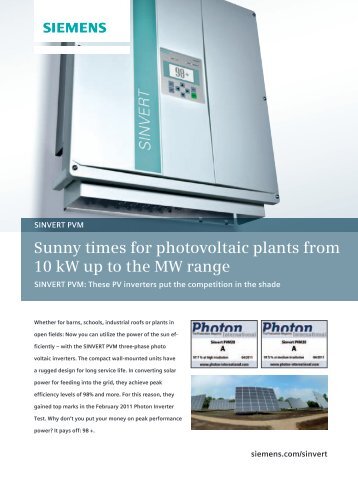 Sunny times for photovoltaic plants from 10 kW up to the ... - Siemens
