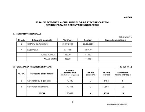 Fisa de evidenta a cheltuielilor