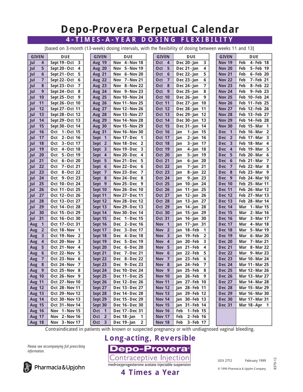 Depo-Provera Perpetual Calendar Depo-Provera Perpetual Calendar