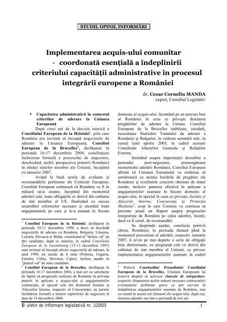 Implementarea acquis-ului comunitar - Consiliul Legislativ