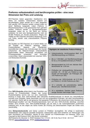 Vollautomatische Prüfmaschine für Preforms - Wolf Systeme AG