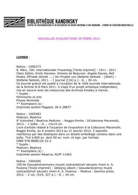 NOUVELLES ACQUISITIONS OCTOBRE 2013 LIVRES : Notice ...