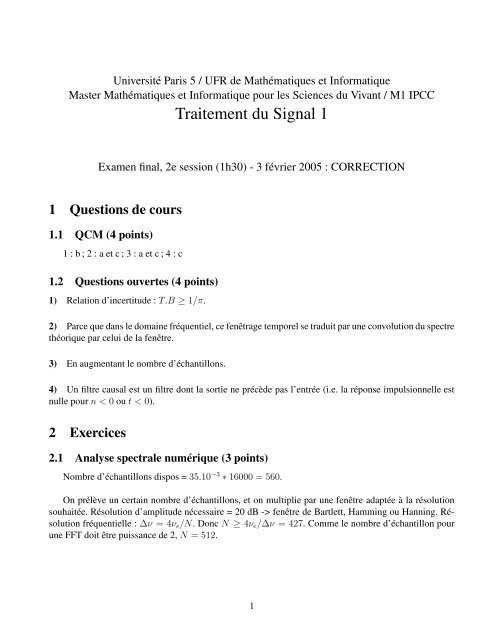 Examen M1 IPCC session 2 : Traitement du Signal 1, Correction