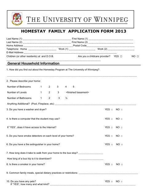 Host Family Application Form - University of Winnipeg