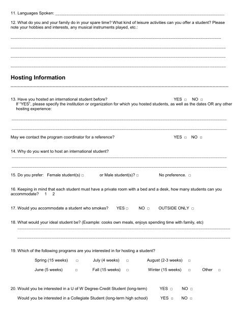 Host Family Application Form - University of Winnipeg