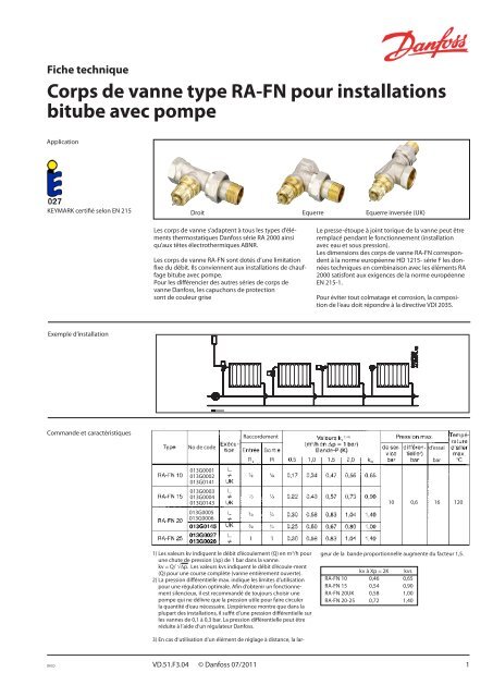 Corps de vanne type RA-FN pour installations bitube avec pompe