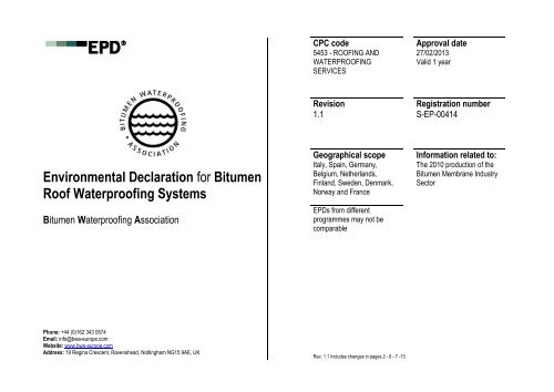 Environmental Declaration for Bitumen Roof Waterproofing Systems