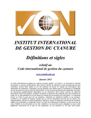 Institut international de gestion du cyanure. - International Cyanide ...