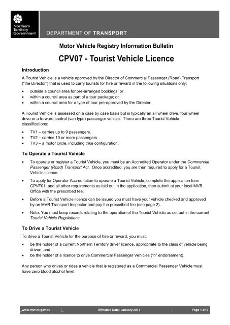 Information Bulletin CPV07 - Tourist Vehicle Licence - Department of ...
