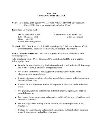 GBIO 103 CONTEMPORARY BIOLOGY Course Information: Spring ...
